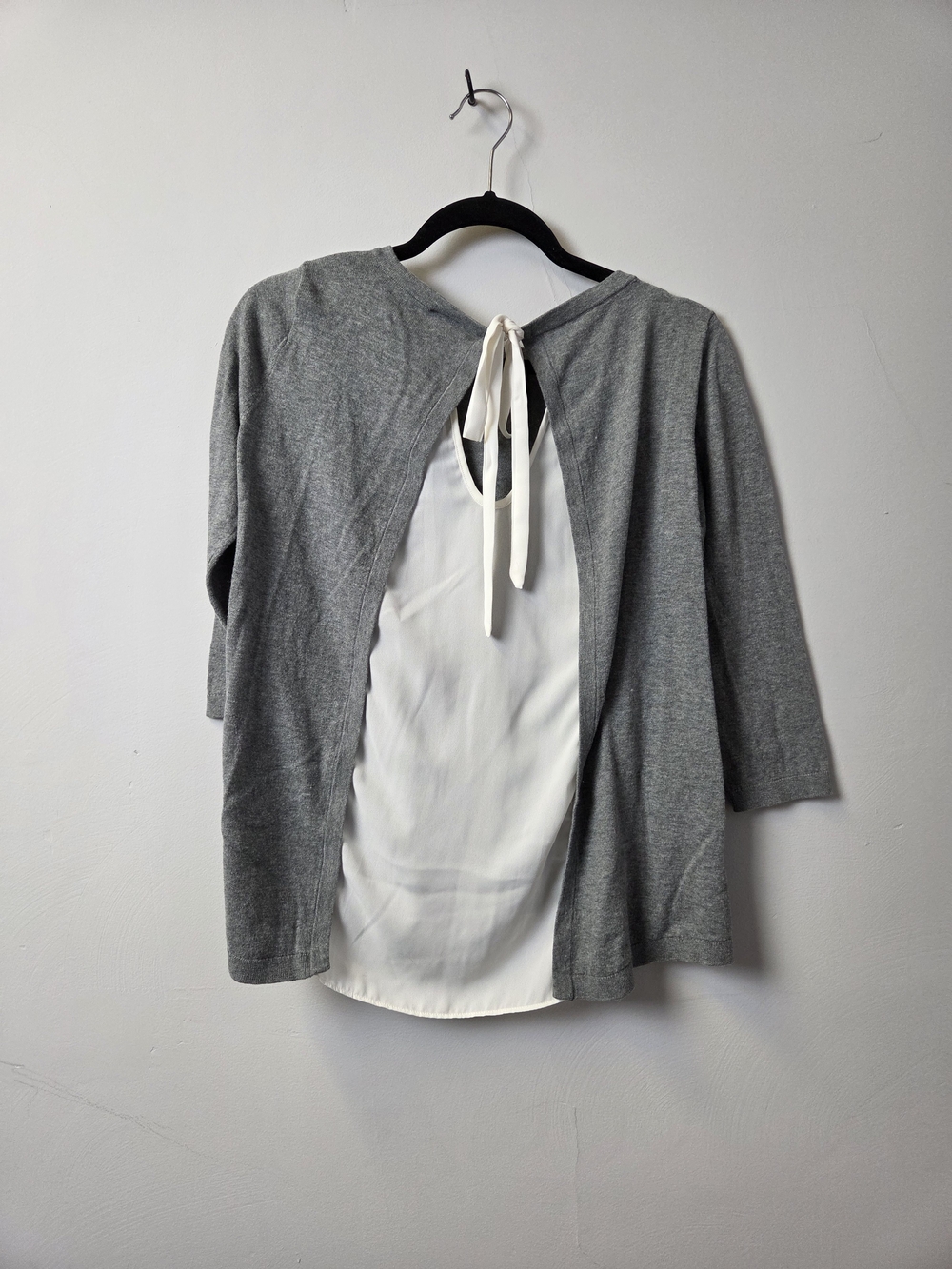LOFT Gray Knit Top with Cream Tie Detail